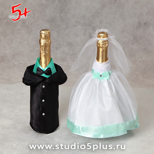 Украшения ЖЕНИХ и НЕВЕСТА для бутылок свадебного шампанского в мятном цвете  купить