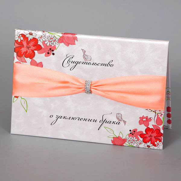 Папка для свидетельства о браке в цветочном стиле с персиковой лентой упить в СПб