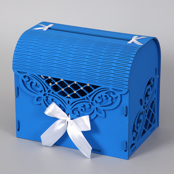 Семейный банк на свадьбу - синий деревянный сундук для денег с прорезью для денежных конвертов и откидной крышкой