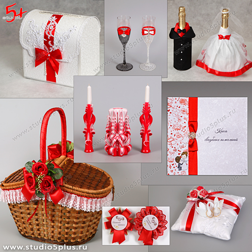 Свадебные аксессуары в красно белом цвете: сундучки, бокалы, корзины, подушечки и др.