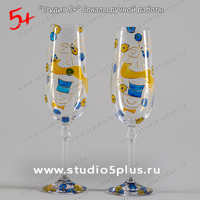 Купить бокалы на свадьбу для новобрачных с витражной росписью в СПб
