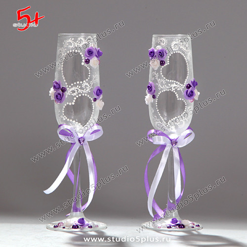 Свадебные бокалы фиолетовые с сердечками купить