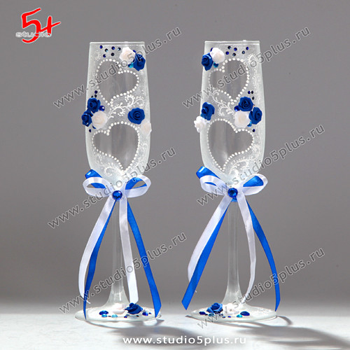 Бокалы на свадьбу в синем цвете 'Два сердца' купить