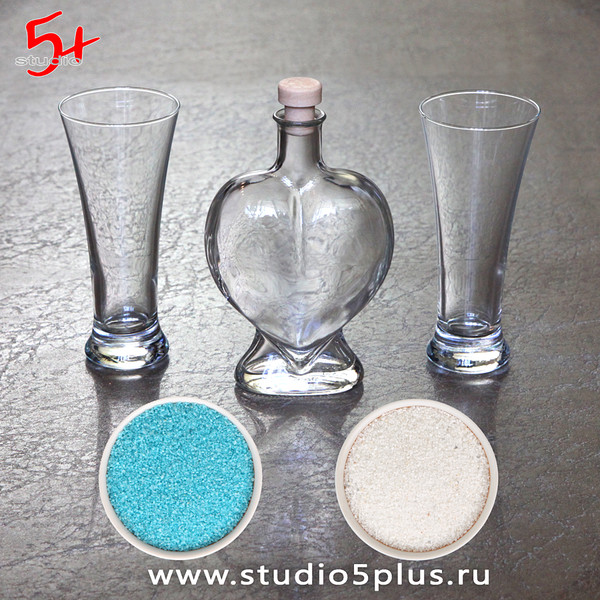Комплект для песочной церемонии на свадьбе с сосудом сердце 'Саксония', 2 вазы для насыпания, 2 песка