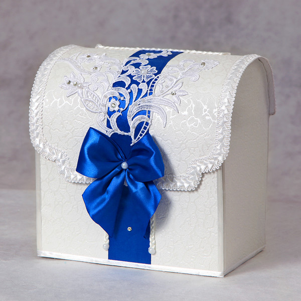 Сундук для денег на свадьбу синий с открывающейся крышкой, украшен кружевом